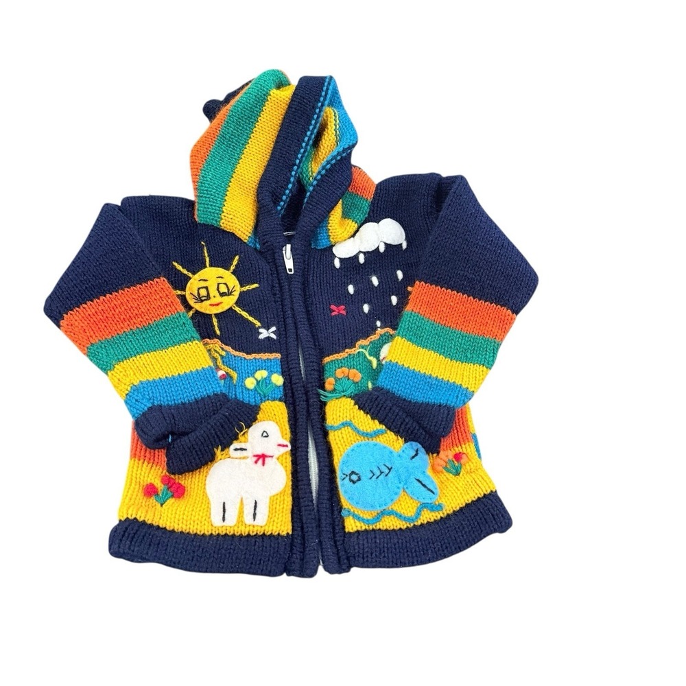 Sisandina Toddler Sz 2‎ Hand knit hooded Zip Cardigan Colorful Nature Animal